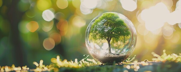 glass globe ball with tree growing and green nature blur background. eco earth day concept - obrazy, fototapety, plakaty