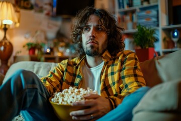 A man appearing introspective while watching television alone at night, eating popcorn