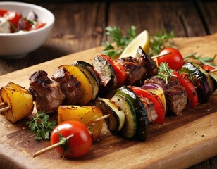 Baked meat on a skewer, kebab and baked vegetables on a wooden tray.