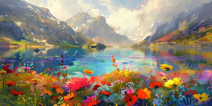 a colorful landscape with colorful flowers is painted on canvas Generative AI