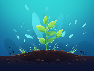 Fototapeta na wymiar Illustration of a young plant seeding growing in soil, blue background 