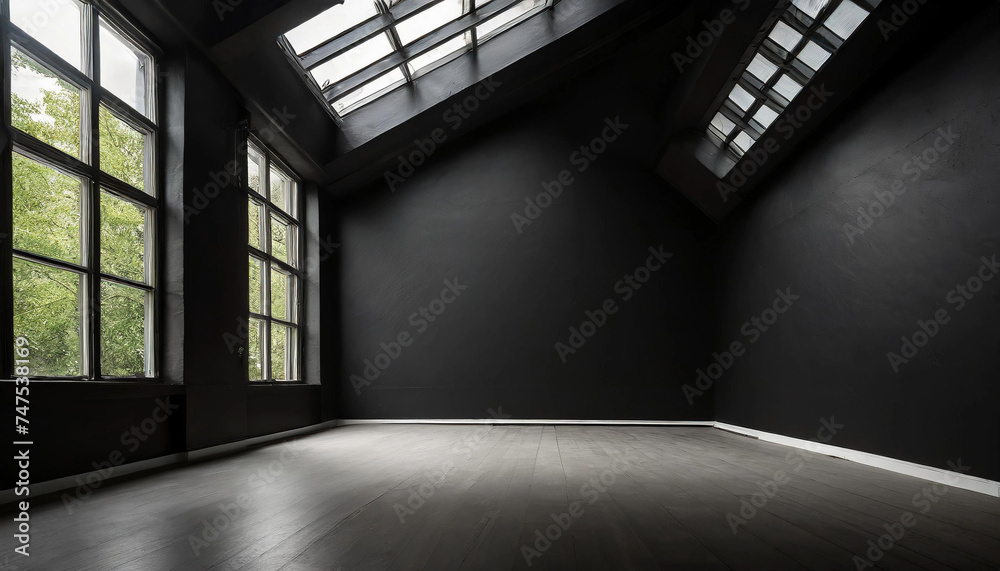 Wall mural A studio shot of a room with a black wall and wooden floor, offering a unique and artistic backdrop for any project.