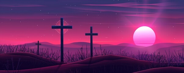 Good friday - Three cross crucifix on mountain and orange green sky and sunshine texture background vector design - obrazy, fototapety, plakaty