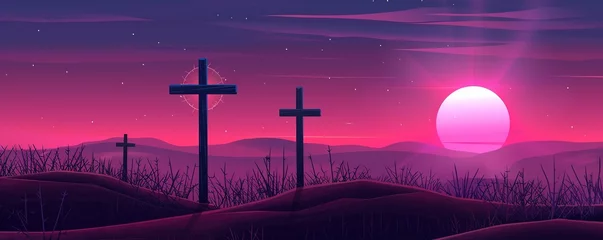 Foto op Plexiglas Good friday - Three cross crucifix on mountain and orange green sky and sunshine texture background vector design © Влада Яковенко