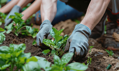 Fototapeta premium hands planting young seedlings in fertile soil in a community garden