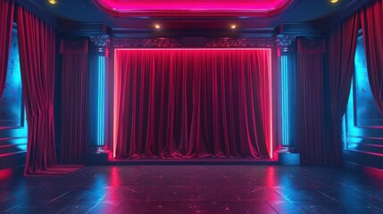 a lush red theater curtain, elegantly framed by glowing neon lights along its border - obrazy, fototapety, plakaty