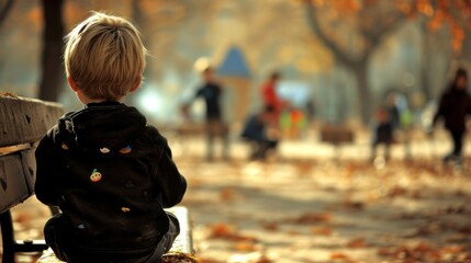 A young boy sits contemplatively on a park bench, feeling isolated with blurred figures in the background during a sunny autumn day. bullying among teenagers
