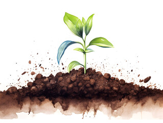 Watercolor illustration of a young plant seedling growing in soil, white background 