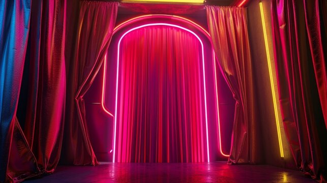 a lush red theater curtain, elegantly framed by glowing neon lights along its border