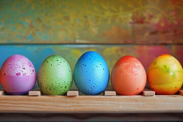 A rainbow of brightly painted Easter eggs lined up against a colorful graffiti background