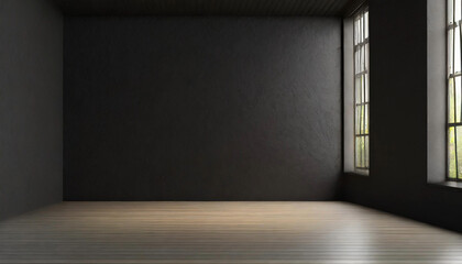 Empty interior with black walls and windows, great for logo mockup or product display. Bright spotlight creates contrast.