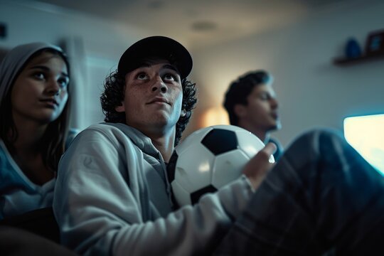 Group of teenagers engrossed in watching a soccer match at home with a ball in hand