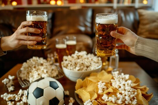 Two friends clinking frothy beer mugs above a table filled with snacks during a social sports gathering