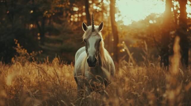 A majestic white unicorn stands serene in a forest clearing, bathed in the golden light of the setting sun, evoking a tranquil fantasy scene.