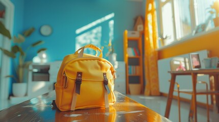 Yellow primary school student's school bag on wooden table, on sunny morning, study room blurred background. Back to school and happy time concept. Generative ai