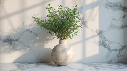 Vase and plants isolated on white marble table and white marble backgrounds with copy space, apartment or kitchen interior design.