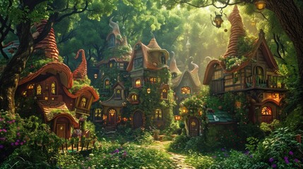 Nestled in an enchanted forest, this village boasts whimsical fairytale cottages surrounded by lush greenery and blooming flowers. Resplendent.