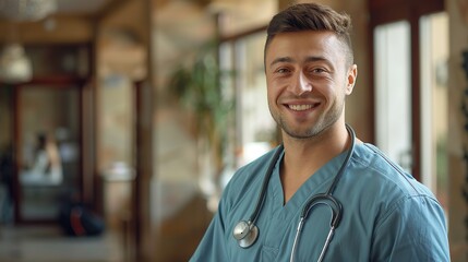 Fototapeta premium Healthcare, happy doctor and portrait of man in clinic for insurance, wellness and medical service.