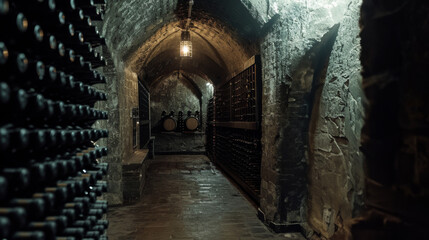 An old wine cellar illuminated by warm light, showcasing rows of vintage wine bottles and wooden barrels, invoking a sense of tradition and quality.