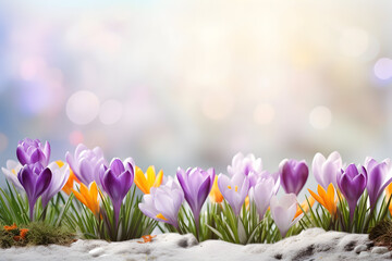colorful crocuses on the snow spring postcard in pale blue with a place for text - obrazy, fototapety, plakaty