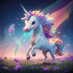 Abstract wallpaper of shining light unicorn in the magical forest. Generative Ai