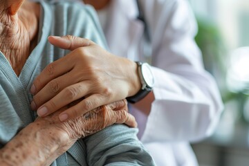 medical doctor holing senior patient's hands and comforting her