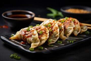 Fototapeta premium Macro view photography of a tempting gyoza on a slate plate against a frosted glass background. AI Generation