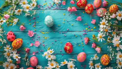 Fototapeta na wymiar Bright Easter joy: Colorful eggs on blue table, top view, surrounded by vibrant spring flowers. Festive and lively seasonal composition.