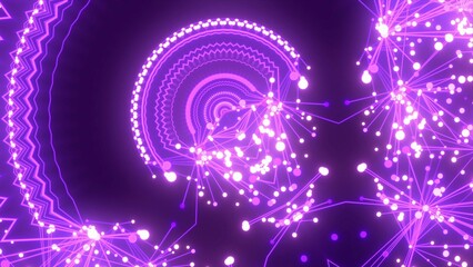 futuristische violette leuchtende synchrone Netzwerkverknüpfungen mit Knotenpunkten, Fraktal, Muster, Kreis, Links, Verbindungen, KI, Internet, Server, Plexuseffekt, System, FTTH, Daten, leuchten
