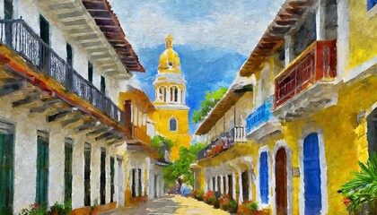 Cartagena de indias colombia calles coloridas acuarela - obrazy, fototapety, plakaty