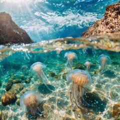 Grupo de medusas debajo del agua en una playa remota