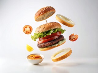 Flying ingredients of a classic cheeseburger sesame bun, onion rings, tomato slices and a juicy barbecue cutlet on a white background.