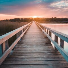 Puente de madera en el amanecer