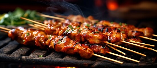 Chicken satay is served on a plate and is still warm with a fragrant and distinctive aroma - obrazy, fototapety, plakaty