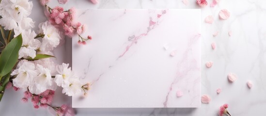 A square mockup sits on a white marble table, adorned with delicate pink flowers. The table is surrounded by a variety of white and pink blooms, creating a fresh and elegant display.