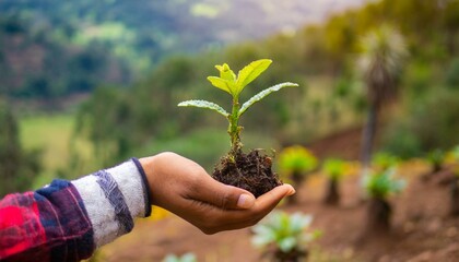 Persona sosteniendo una planta pequeña con tierra