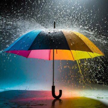 An advertising photograph captures rain splashing on an umbrella, illuminated by vibrant studio lighting
