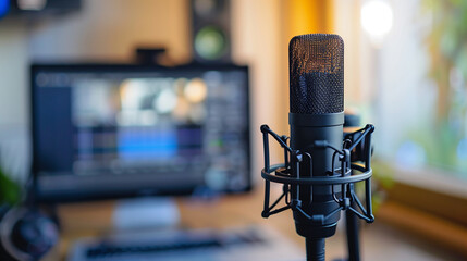 a professional microphone placed in front of computer ready for recording