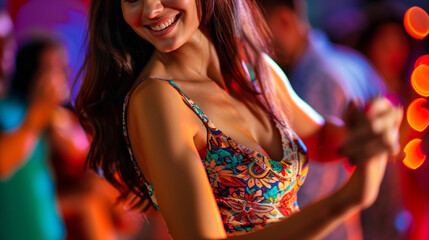 a young Latin woman dancing smiling in party