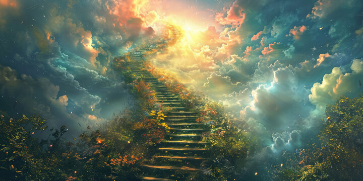 A mystical staircase ascends into a celestial sky, evoking a sense of wonder and the journey to transcendence.