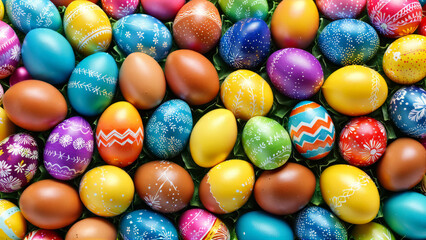 Colourful background of easter eggs collection, easter celebration, easter egg patterns, springtime...