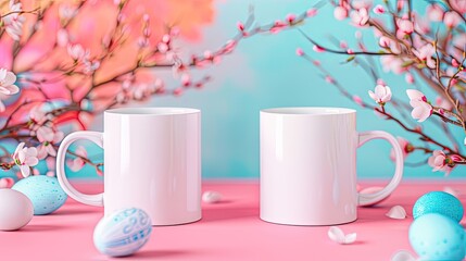 two blank white sublimation mugs against a super white Easter-themed background, with ample space for text.