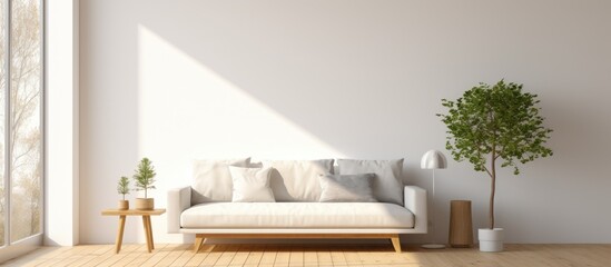 Fototapeta na wymiar This image showcases a white minimalist living room with a sleek couch and a vibrant potted plant. Sunlight filters in through a large window,