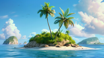 illustration of A small island with nobody and with palm trees in summer time - obrazy, fototapety, plakaty