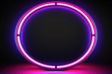 Neon glowing round frame, backlit on a black background.