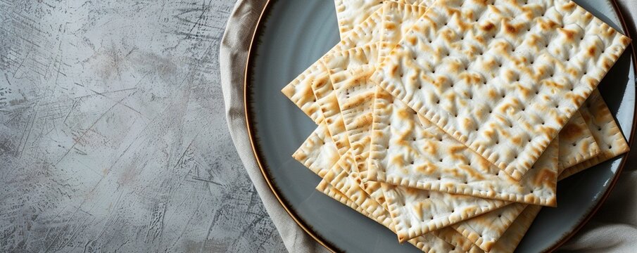top view of matza and plate with happy passover greeting, jewish Passover holiday concept
