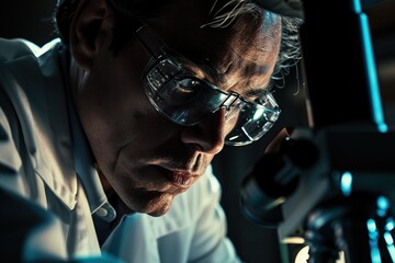 A close-up photograph capturing the intense expression of a scientist as they make a groundbreaking discovery in a laboratory. The play of light and shadows emphasizes the determination and brilliance