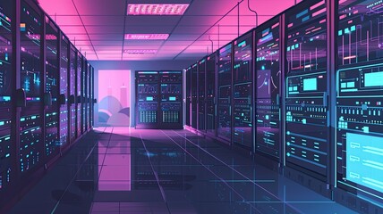the efficiency and precision of AI data processing in a bustling Data Center, where servers hum with activity, conveying both speed and accuracy.