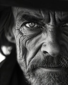 A close-up photograph capturing the intense gaze of a bounty hunter, emphasizing the resilience and determination in their eyes. The gritty black and white composition with high contrast. 