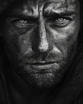 A close-up photograph capturing the intense gaze of a bounty hunter, emphasizing the resilience and determination in their eyes. The gritty black and white composition with high contrast. 